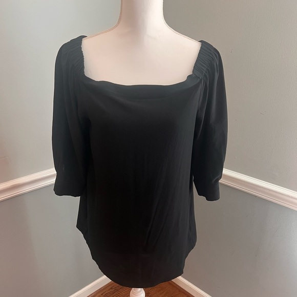 Theory Joscla Silk Off-Shoulder Blouse M Black Chiffon Puff Sleeve Top - Picture 6 of 8